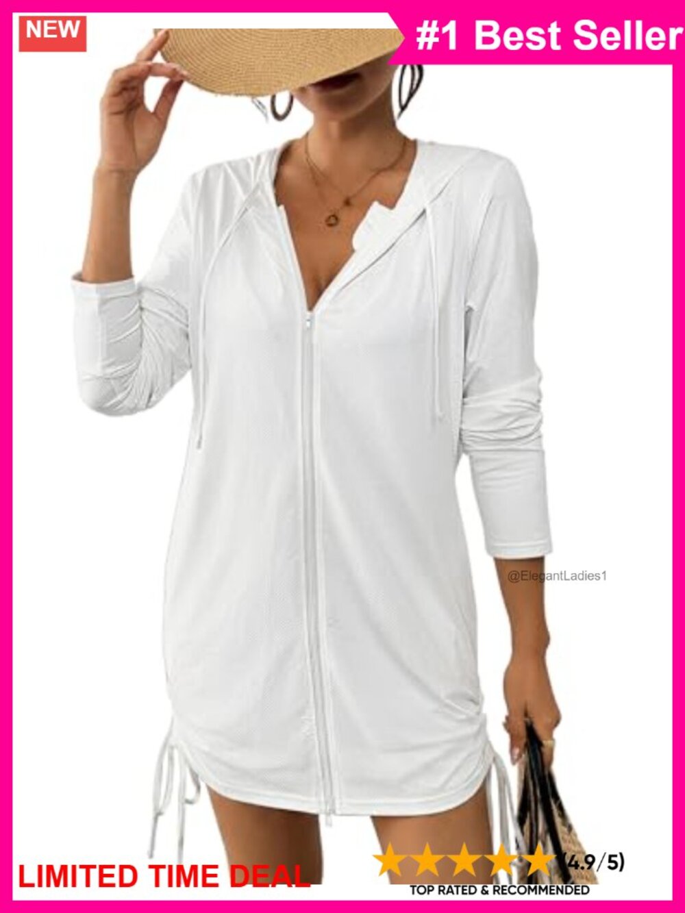 UPF 50+ Long Sleeve Swim Coverup Zip Drawstring Beach Dress